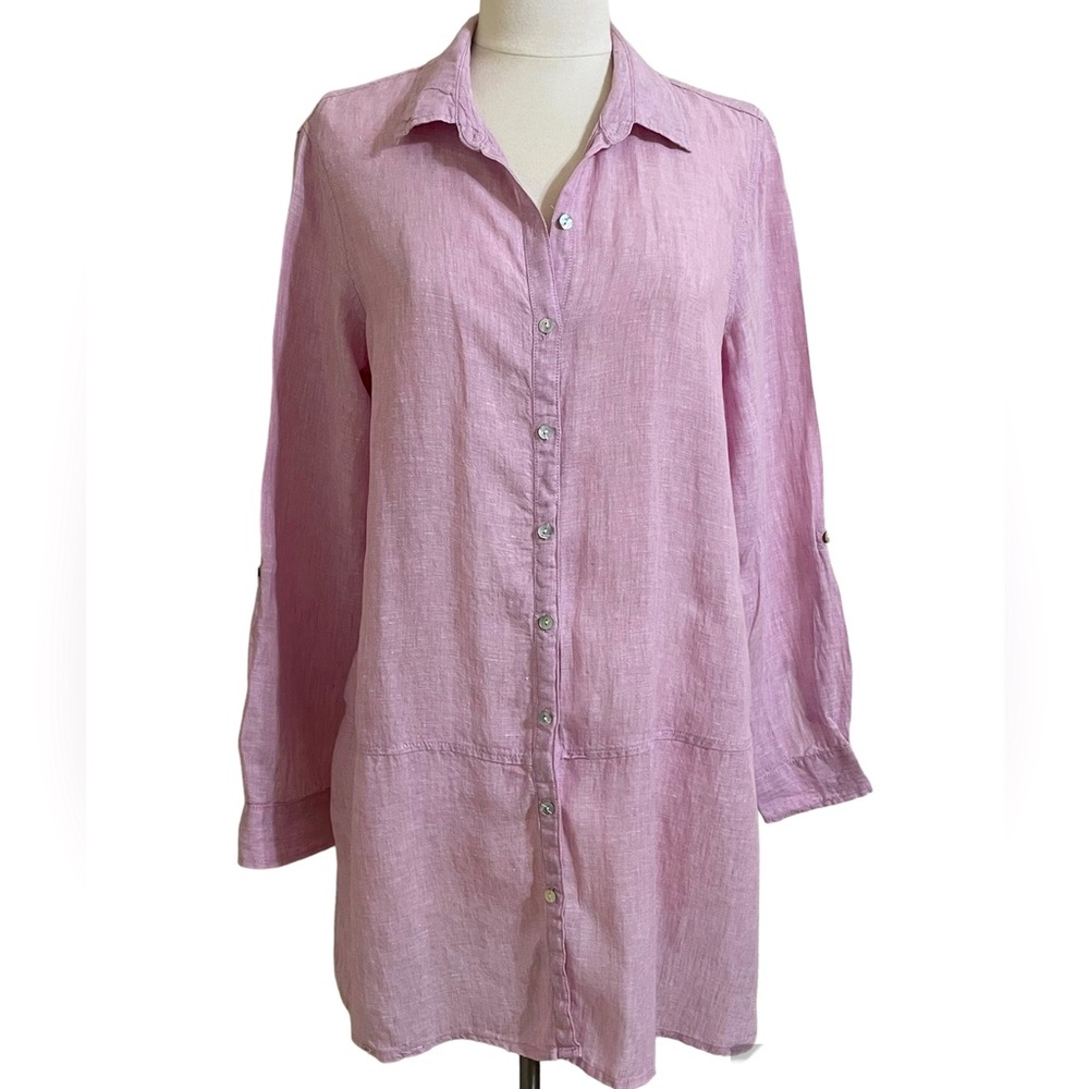 TAHARI Women’s Pink Linen Classic Button Down Tunic Size Small